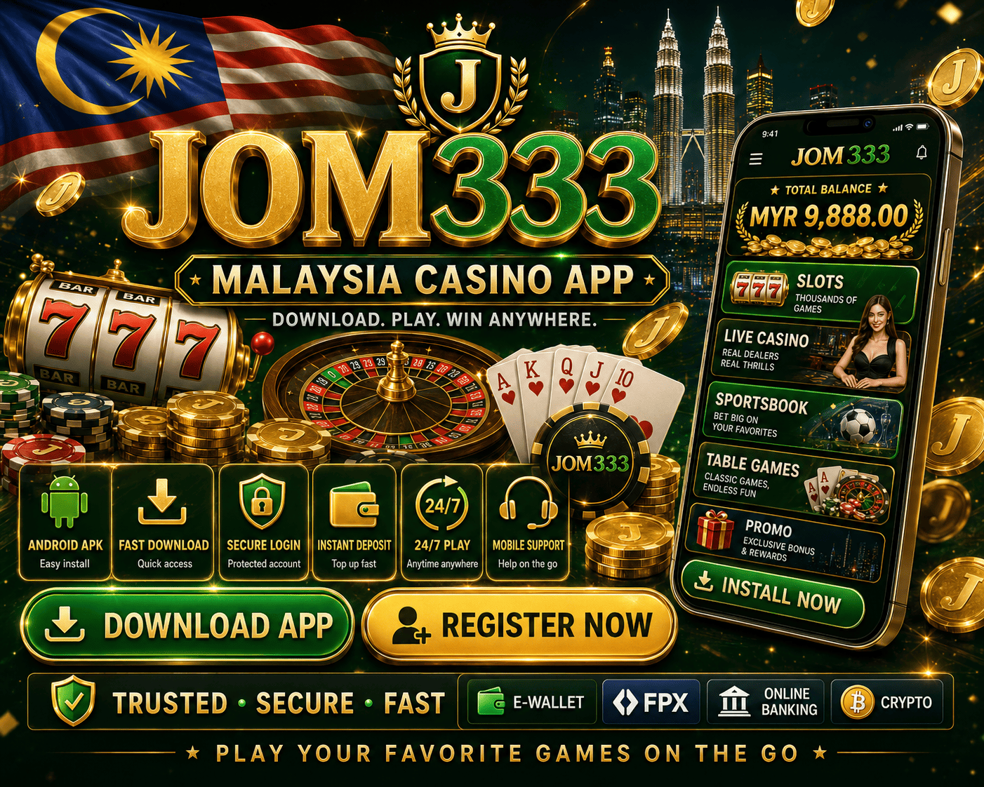 JOM333 - visual utama aplikasi mudah alih Adegan aplikasi mudah alih JOM333 dengan telefon Android, syiling, dan elemen antara muka permainan