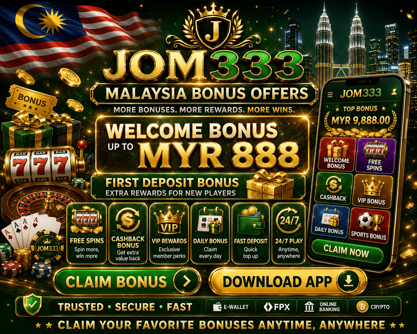JOM333 - ganjaran bonus dan tawaran alu-aluan Adegan bonus JOM333 dengan kotak hadiah, syiling, dan visual tawaran promosi