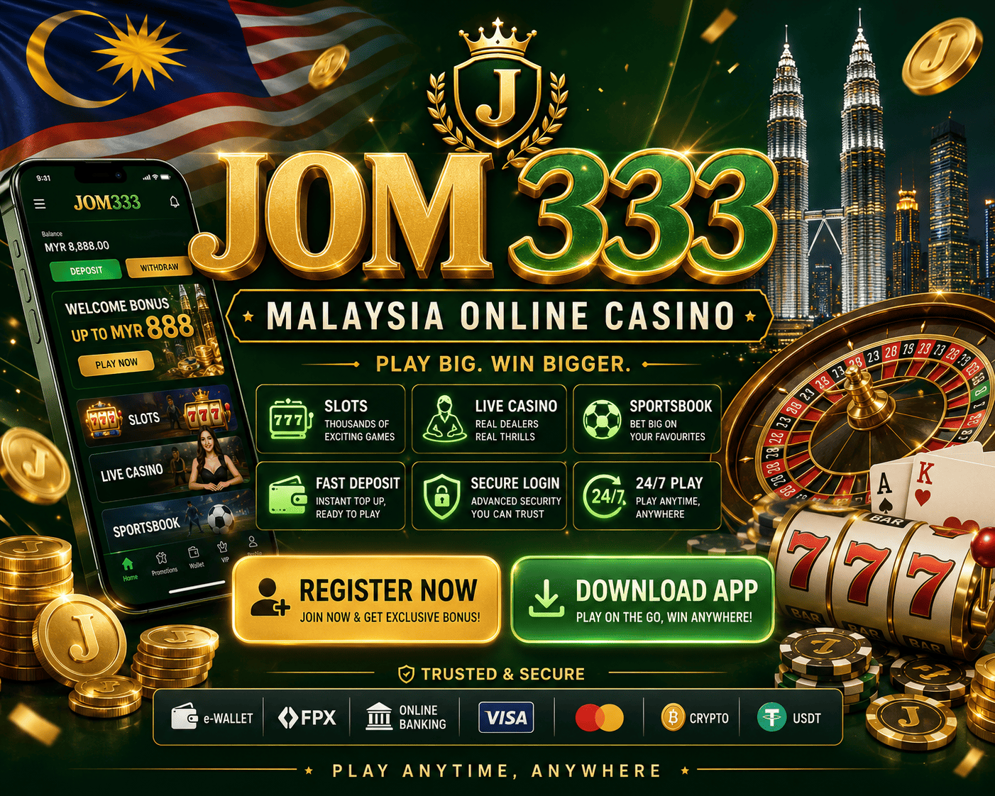 JOM333 - visual utama lobi kasino Lobi kasino JOM333 dengan reel slot, meja permainan, dan navigasi mudah alih