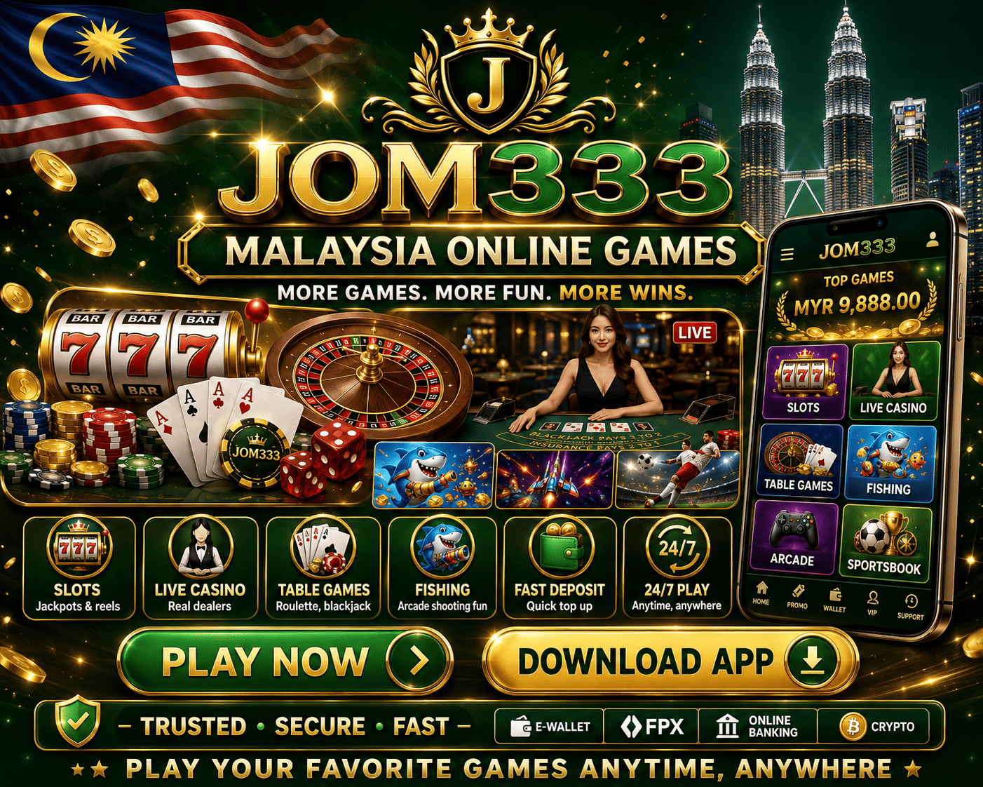 JOM333 - visual utama permainan dan meja live Adegan permainan JOM333 dengan meja live, kad, cip, dan simbol kasino