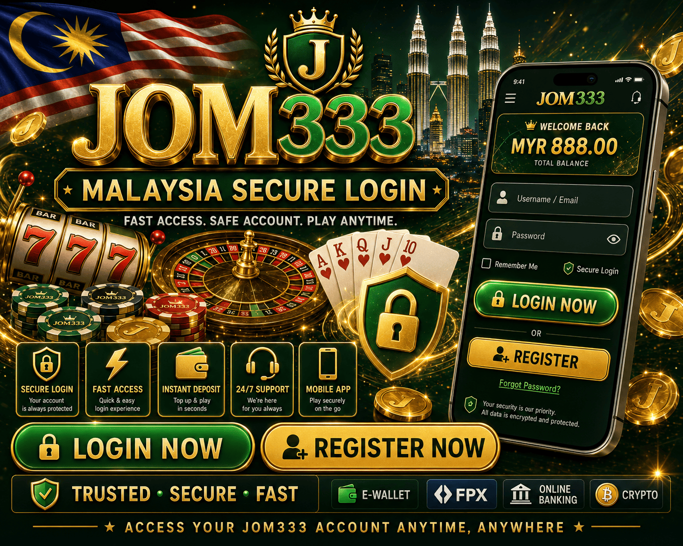 JOM333 - log masuk selamat dan akses akaun Skrin akses akaun JOM333 pada peranti mudah alih dengan elemen log masuk selamat