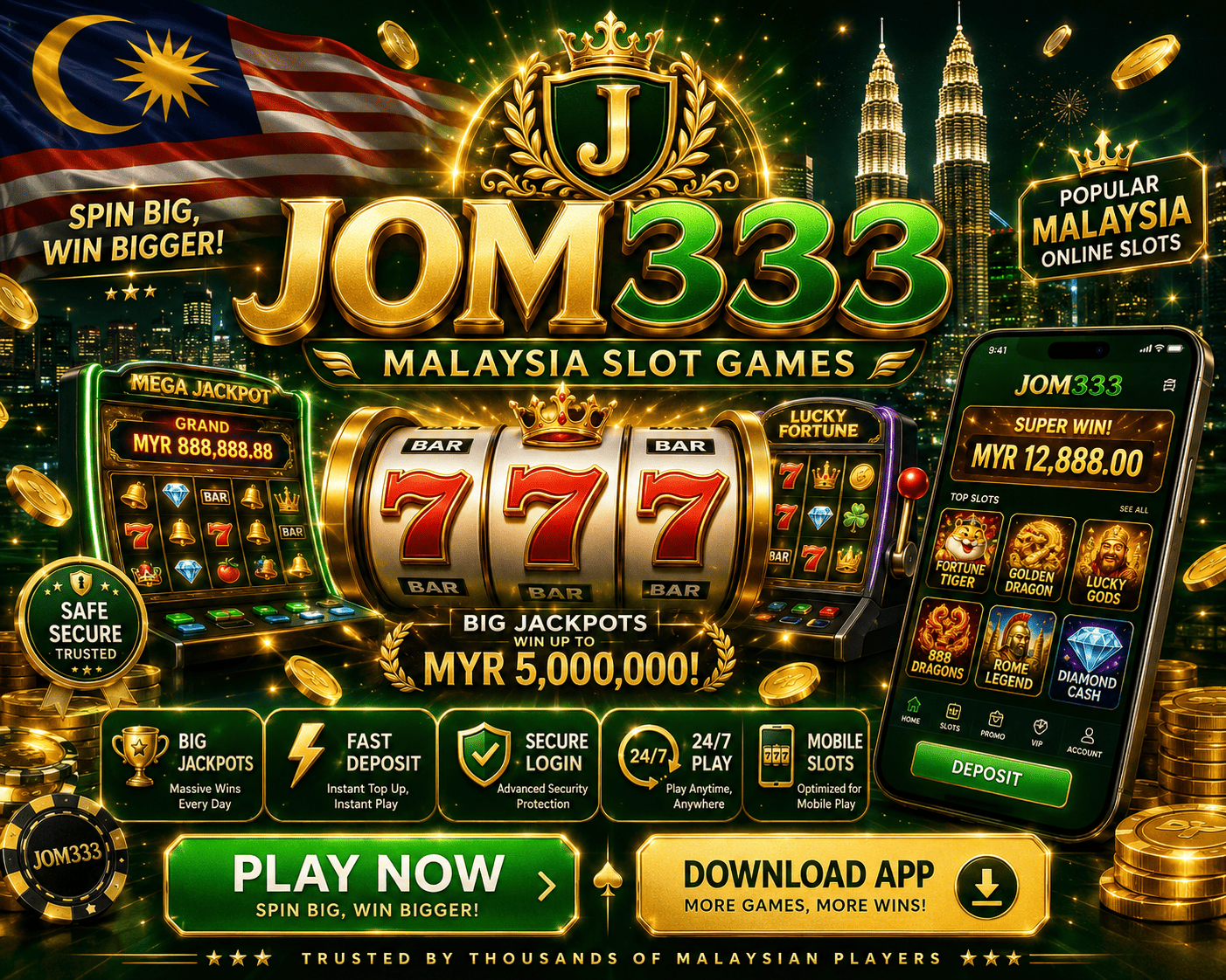JOM333 - reel slot dan permainan mudah alih Reel slot JOM333 dengan syiling, simbol permainan, dan susun atur mudah alih